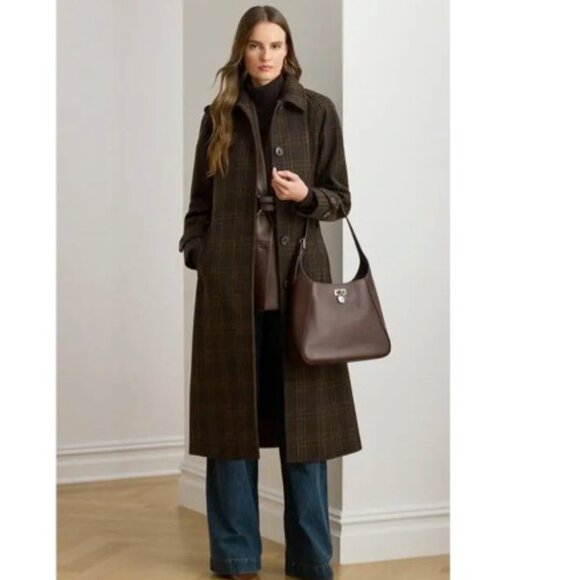 NWT Lauren Ralph Lauren Women's Wool-Blend Windowpane Brown Plaid Coat Size 12 - Picture 1 of 10